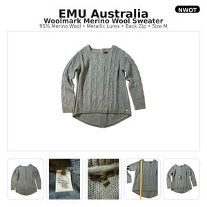 NWOT EMU Australia Merino Wool Cable Knit Sweater Back Zip Metallic Size‎ M